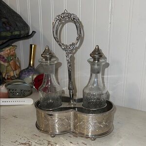 vintage Ornate Silver Plated Crystal Oil and Vinegar Cruet set